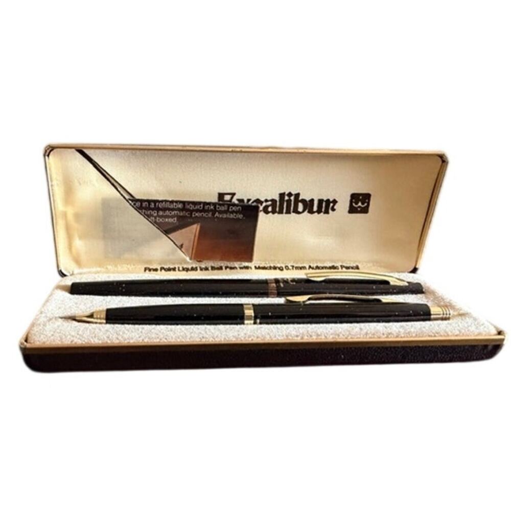 Excalibur Black & Gold Liquid Ink Ball Pen & 0.7mm Mechanical Pencil Set w/ Case